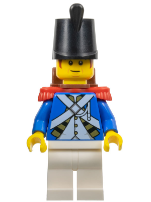 This LEGO minifigure is called, Imperial Soldier IV, Male, Reddish Brown Sideburns, Black Shako Hat, Red Epaulettes, Backpack . It's minifig ID is pi196.