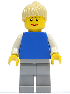 This LEGO minifigure is called, Plain Blue Torso with White Arms, Light Bluish Gray Legs, Tan Ponytail Hair . It's minifig ID is pln158.