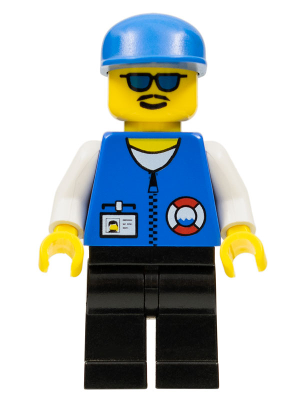 This LEGO minifigure is called, Coast Guard City Center, White Collar & Arms, Black Legs, Blue Cap, Sunglasses . It's minifig ID is res008.