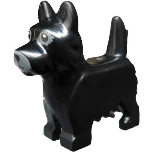 Display of LEGO part no. 26078pb003 which is a Black Dog, Terrier with Black Eyes and Nose on Gray Background Pattern (BAM)