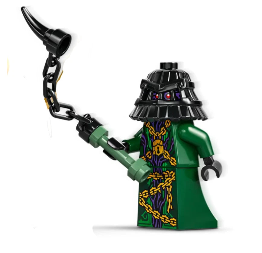 LEGO figure in green outfit with helmet and staff on a white background
