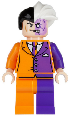 This LEGO minifigure is called, Two-Face, Orange and Purple Suit . It's minifig ID is sh007.