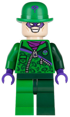 This LEGO minifigure is called, The Riddler, Green and Dark Green Zipper Outfit . It's minifig ID is sh0088.