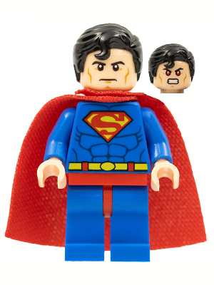 This LEGO minifigure is called, Superman, Blue Suit, Spongy Cape, Hair with Front Curl, Frown / Red Eyes . It's minifig ID is sh0156.