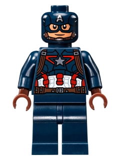 This LEGO minifigure is called, Captain America, Dark Blue Suit, Reddish Brown Hands, Mask . It's minifig ID is sh0177.