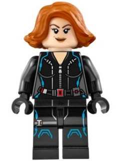 This LEGO minifigure is called, Black Widow, Black Jumpsuit, Dark Orange Short Hair, Printed Legs, Dark Azure Trim . It's minifig ID is sh0186.