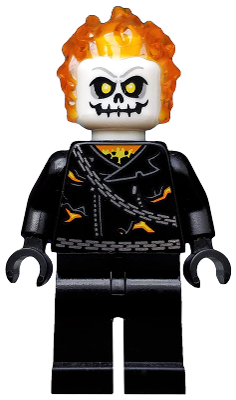This LEGO minifigure is called, Ghost Rider, Johnathon 'Johnny' Blaze, White Head, Chain Belt . It's minifig ID is sh0267.