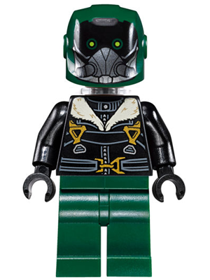 This LEGO minifigure is called, Vulture, Dark Green Flight Suit, Black Bomber Jacket . It's minifig ID is sh0403.