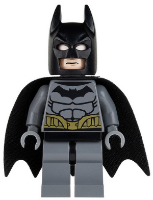 This LEGO minifigure is called, Batman, Dark Bluish Gray Suit, Gold Belt, Dark Bluish Gray Hands . It's minifig ID is sh089.