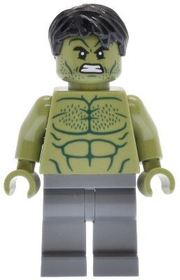 This LEGO minifigure is called, Hulk, Minifigure, Dark Bluish Gray Legs . It's minifig ID is sh1013.