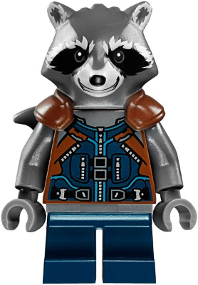 This LEGO minifigure is called, Rocket Raccoon, Dark Blue and Reddish Brown Outfit, Dark Bluish Gray Head . It's minifig ID is sh384.