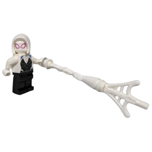 This LEGO minifigure is called, Ghost Spider / Spider-Gwen, White Hood Basic Smooth *with 2 webs. It's minifig ID is sh682.