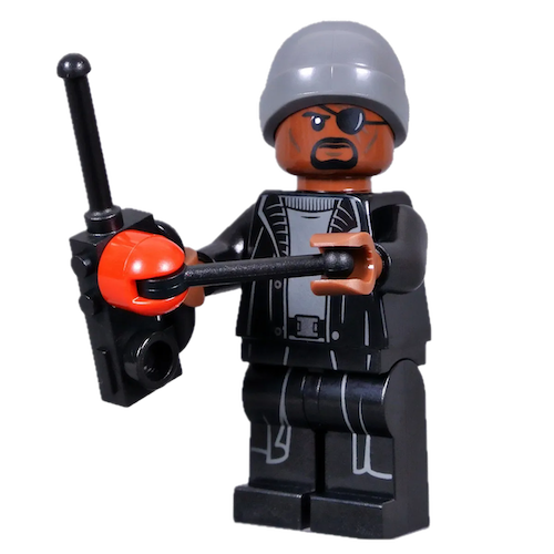 Display of LEGO Super Heroes Nick Fury, Dark Bluish Gray Beanie with remote control