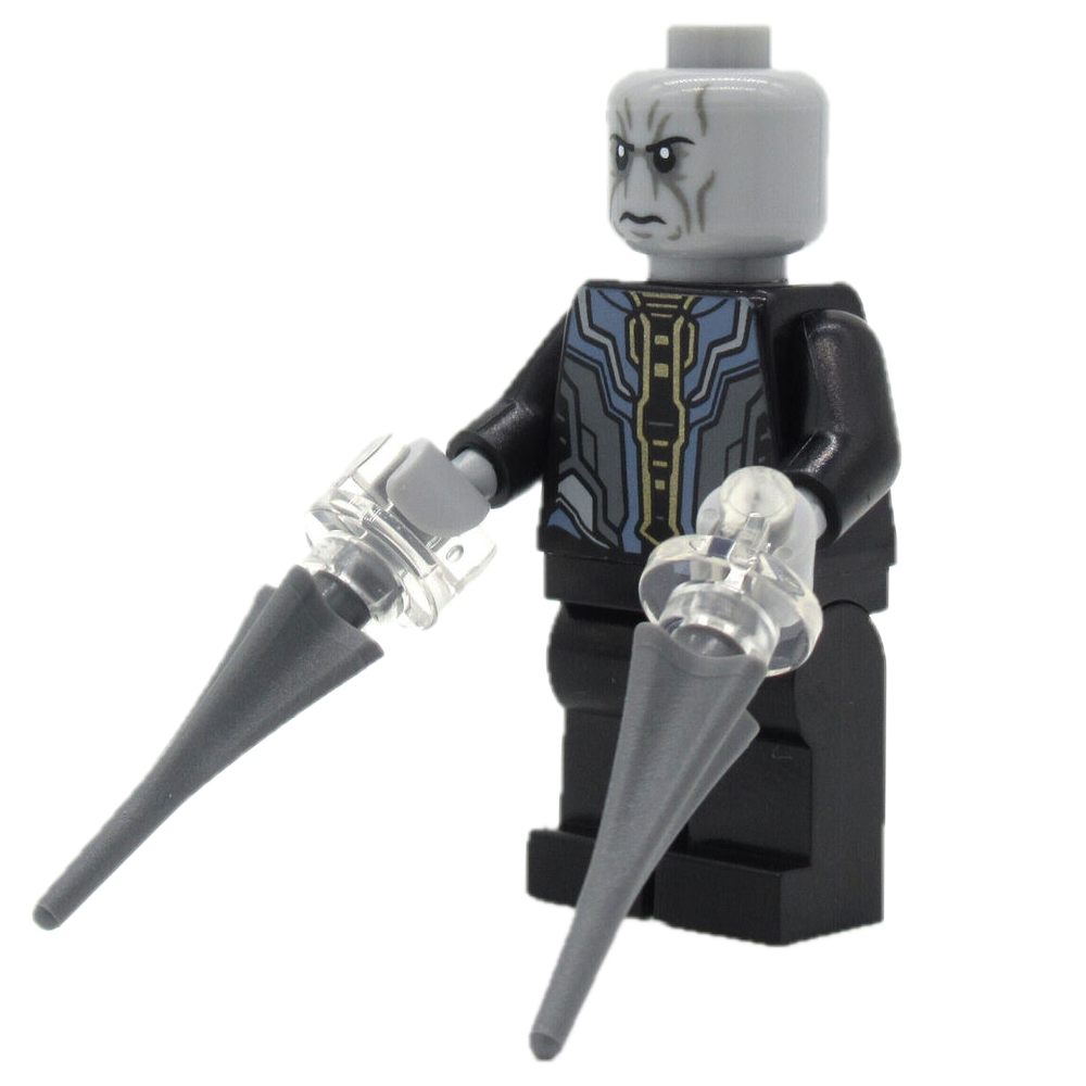 This LEGO minifigure is called, Ebony Maw, Light Bluish Gray Head *with spears. It's minifig ID is sh827.