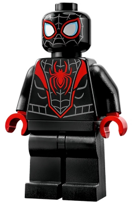 This LEGO minifigure is called, Spider-Man (Miles Morales), Dark Bluish Gray Webbing on Head, Red Hands . It's minifig ID is sh855.