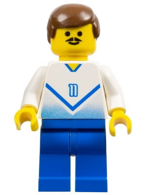 Display of LEGO Sports Soccer Player White & Blue Team with shirt #11