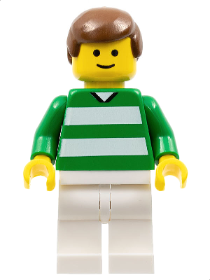 This LEGO minifigure is called, Soccer Player, Green and White Team with Number 10 on Back . It's minifig ID is soc092.