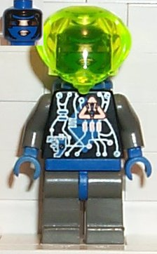 This LEGO minifigure is called, Insectoids Zotaxian Alien, Female, Gray and Blue with Silver Circuits, with Air Tanks (Gypsy Moth / Navigator Sharp) . It's minifig ID is sp022.
