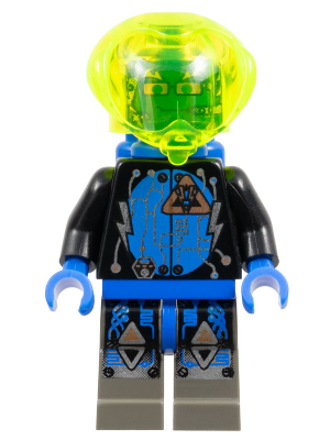 This LEGO minifigure is called, Insectoids Zotaxian Alien, Male, Black and Blue with Silver Circuits, with Air Tanks (Captain Wizer / Captain Zec) . It's minifig ID is sp023.