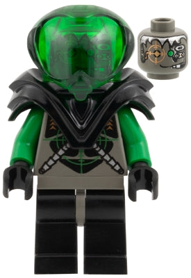 Green and black superhero minifigure with helmet and cape on a white background