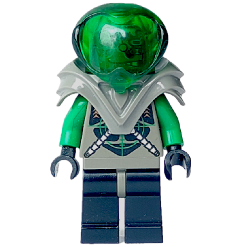 This LEGO minifigure is called, Insectoids Zotaxian Alien, Male, Gray and Green with Green Circuits and Silver Hoses, with Dark Gray Armor (Danny Longlegs / Corporal Steel) . It's minifig ID is sp030.