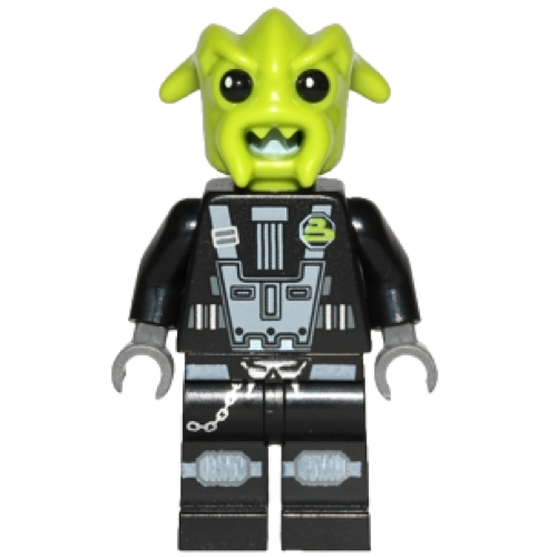 This LEGO minifigure is called, Space Police 3 Alien, Rench . It's minifig ID is sp110.