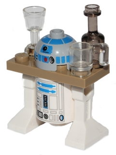 This LEGO minifigure is called, Astromech Droid, R2-D2, Dark Tan Serving Tray, Light Bluish Gray Head . It's minifig ID is sw0217a.