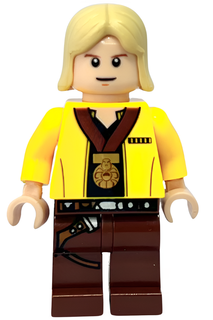 This LEGO minifigure is called, Luke Skywalker, Celebration, Yellow Jacket, White Pupils.. It's minifig ID is sw0257a.