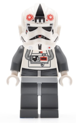 This LEGO minifigure is called, AT-AT Driver, Red Imperial Logo, Bluish Grays, Black Head, Stormtrooper Type 2 Helmet . It's minifig ID is sw0262.