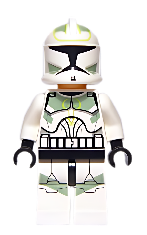 This LEGO minifigure is called, Clone Trooper, Horn Company (Phase 1), Sand Green and Lime Markings, Large Eyes . It's minifig ID is sw0298.