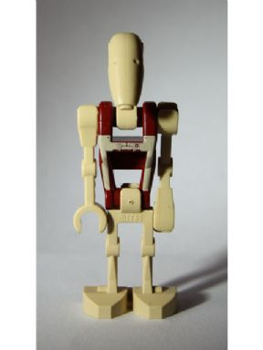 This LEGO minifigure is called, Security Battle Droid, Dark Red Torso with Tan Insignia and Chest Badge, Angled Arm and Straight Arm . It's minifig ID is sw0347.