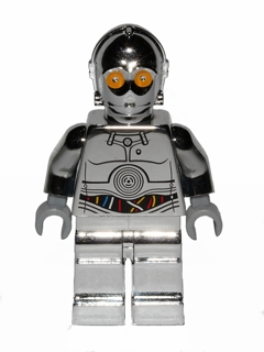 This LEGO minifigure is called, TC-14 Protocol Droid, Chrome Silver with Blue, Red and White Wires Pattern . It's minifig ID is sw0385.