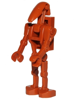 This LEGO minifigure is called, Battle Droid, Dark Orange, Angled Arm and Straight Arm, 1 x 2 Plate on Back . It's minifig ID is sw0467b.