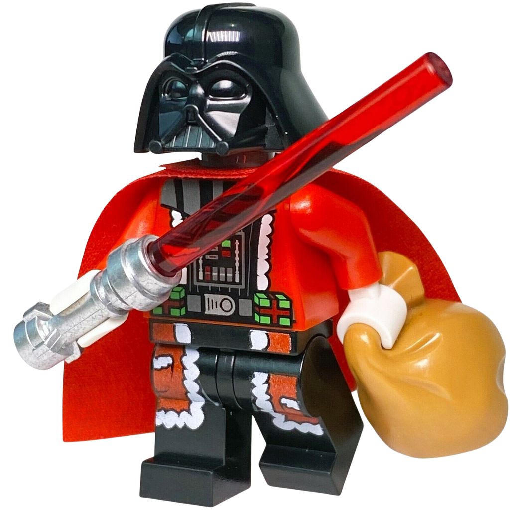 Display of LEGO Star Wars Santa Darth Vader with lightsaber and bag