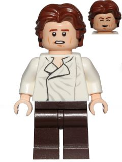 This LEGO minifigure is called, Han Solo, White Shirt with Wrinkles on Front, Dark Brown Legs, Wavy Hair . It's minifig ID is sw0823.