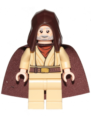 This LEGO minifigure is called, Obi-Wan Kenobi (Old, Standard Cape, Hood Basic) . It's minifig ID is sw1046.