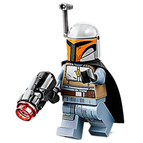 Display of LEGO Star Wars Mandalorian Tribe Warrior, Female, Black Cape, Light Bluish Gray Helmet with Antenna / Rangefinder with blaster