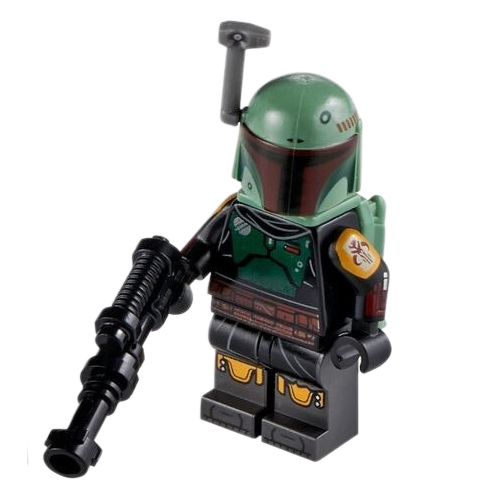 Display of LEGO Star Wars Boba Fett, Repainted Beskar Armor and Jet Pack with blaster
