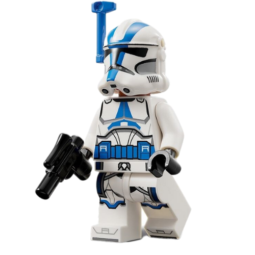 This LEGO minifigure is called, Clone Trooper Officer, 501st Legion (Phase 2), White Arms, Blue Rangefinder, Nougat Head, Helmet with Holes with blaster from 75345. It's minifig ID is sw1246.