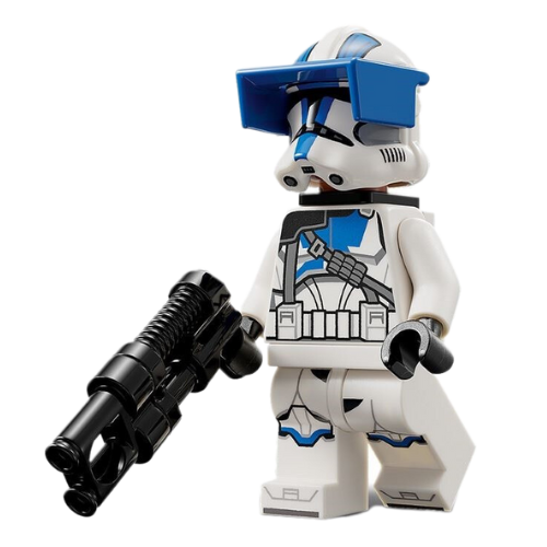 This LEGO minifigure is called, Clone Heavy Trooper, 501st Legion (Phase 2), White Arms, Blue Visor, Backpack, Nougat Head, Helmet with Holes with blaster from 75345. It's minifig ID is sw1247.
