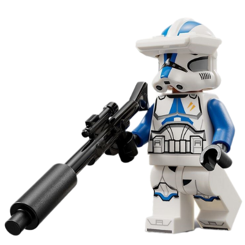 This LEGO minifigure is called, Clone Trooper Specialist, 501st Legion (Phase 2), Blue Arms, Macrobinoculars, Nougat Head, Helmet with Holes with blaster from 75345. It's minifig ID is sw1248.