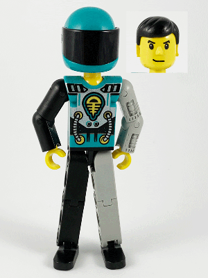 This LEGO minifigure is called, Technic Figure Black/Light Gray Legs, Dark Turquoise Torso with Yellow, Black, Silver Pattern, Light Gray Mechanical Left Arm, Dark Turquoise Helmet . It's minifig ID is tech001b.