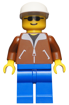 This LEGO minifigure is called, Jacket Brown, Blue Legs, White Cap . It's minifig ID is trn022.