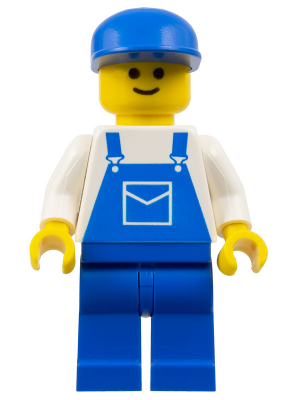 LEGO figure wearing a blue cap, white shirt, and blue overalls with a mail symbol on a white background