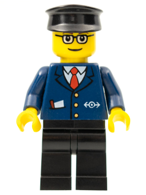 This LEGO minifigure is called, Dark Blue Suit with Train Logo, Black Legs, Brown Eyebrows, Black Hat . It's minifig ID is trn128.