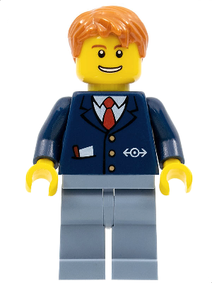 This LEGO minifigure is called, Train Conductor, Male, Dark Blue Suit with Train Logo, Sand Blue Legs, Dark Orange Hair . It's minifig ID is trn146.