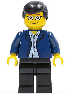 This LEGO minifigure is called, Dark Blue Jacket, Light Blue Shirt, Black Legs, Square Glasses, Black Male Hair . It's minifig ID is twn020.