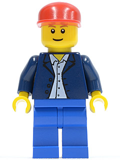 This LEGO minifigure is called, Dark Blue Jacket, Light Blue Shirt, Blue Legs, Red Cap . It's minifig ID is twn035.
