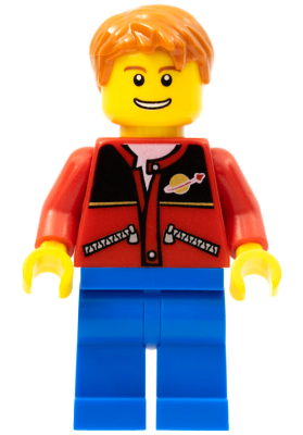 This LEGO minifigure is called, Red Jacket with Zipper Pockets and Classic Space Logo, Blue Legs, Dark Orange Short Tousled Hair . It's minifig ID is twn097.