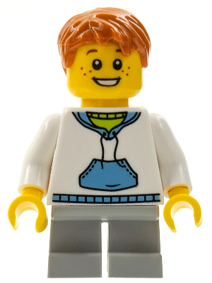 This LEGO minifigure is called, Child, Boy, White Hoodie with Medium Blue Pocket, Light Bluish Gray Short Legs, Dark Orange Tousled Hair, Freckles . It's minifig ID is twn112.
